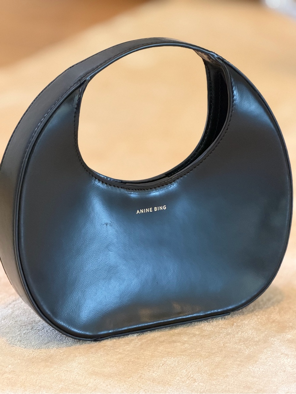 Anine Bing Black Crescent Leather Shoulder Bag with Gold Logo